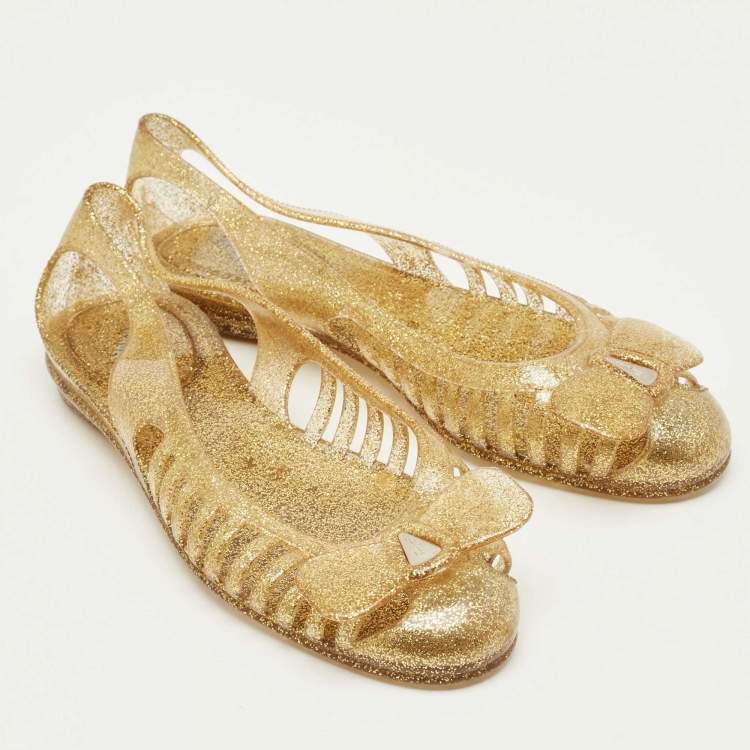 Pre Owned Salvatore Ferragamo Gold Glitter Jelly Bow Ballet Flats Size 37.5