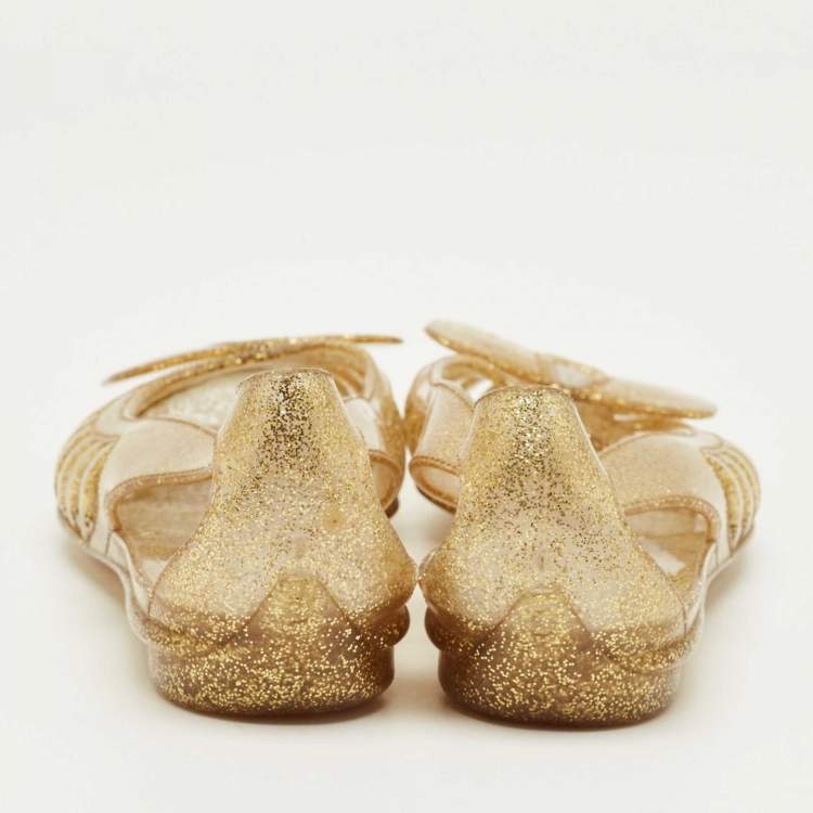 Pre Owned Salvatore Ferragamo Gold Glitter Jelly Bow Ballet Flats Size 37.5