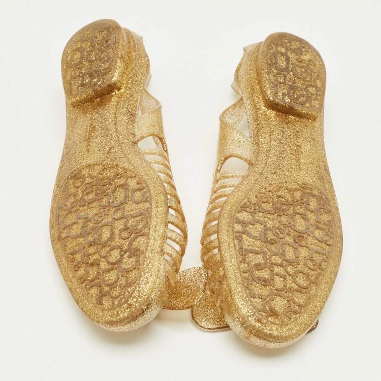 Pre Owned Salvatore Ferragamo Gold Glitter Jelly Bow Ballet Flats Size 37.5