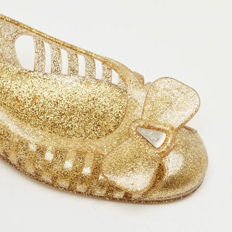 Pre Owned Salvatore Ferragamo Gold Glitter Jelly Bow Ballet Flats Size 37.5