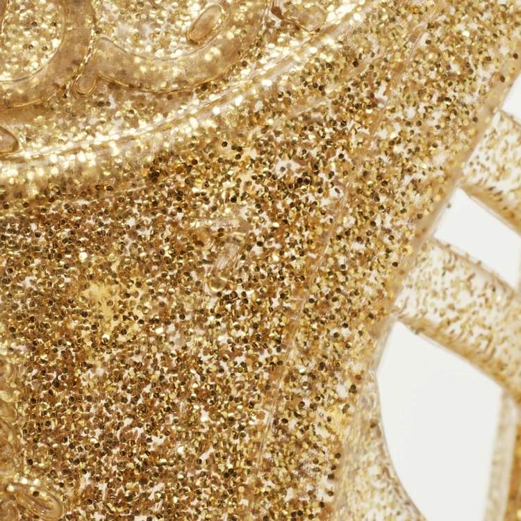 Pre Owned Salvatore Ferragamo Gold Glitter Jelly Bow Ballet Flats Size 37.5