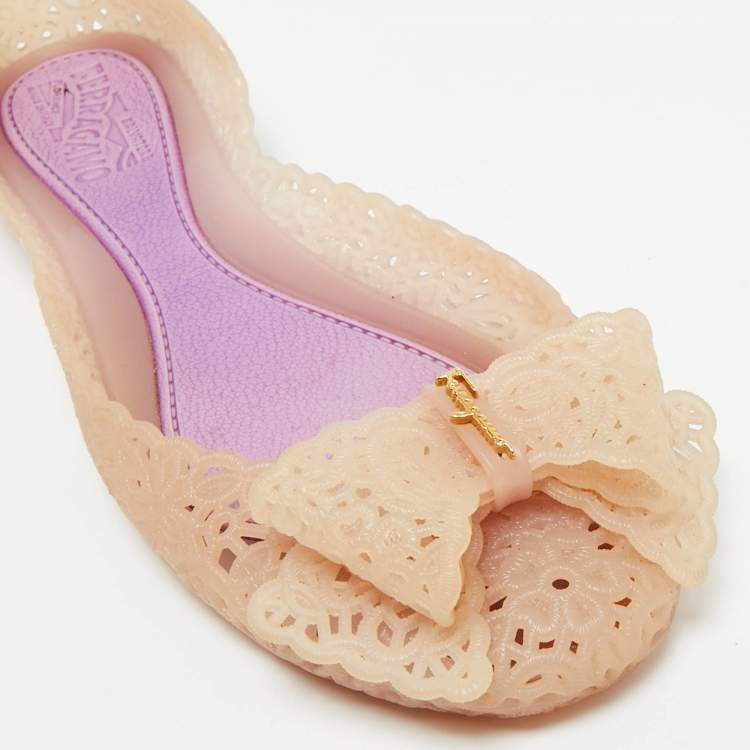 Pre Owned Salvatore Ferragamo Cream Jelly Nilly Bow Ballet Flats Size 36.5