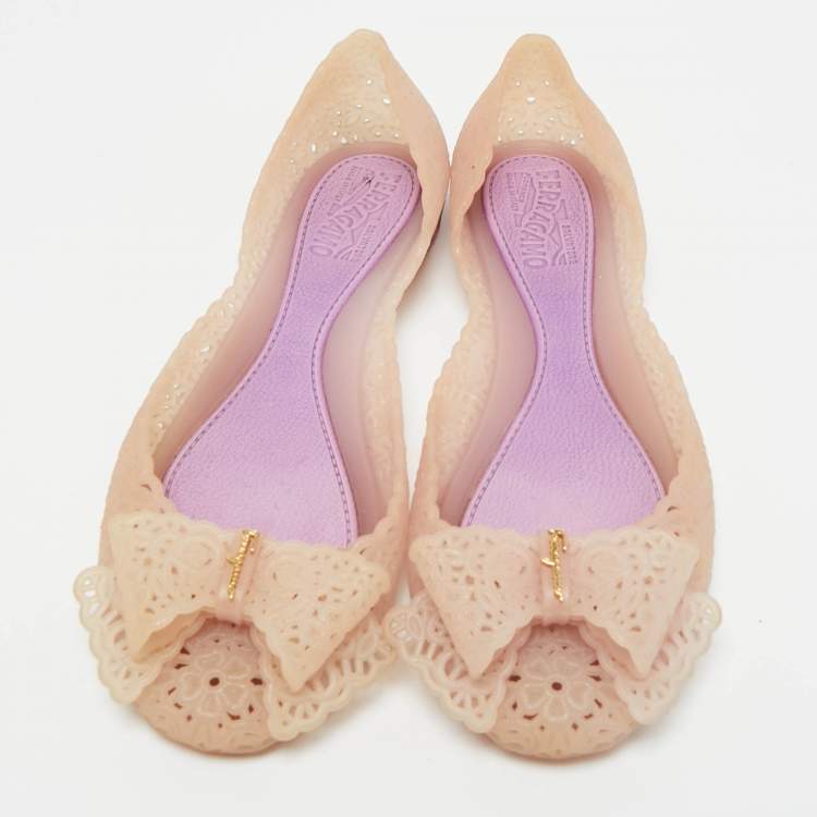 Pre Owned Salvatore Ferragamo Cream Jelly Nilly Bow Ballet Flats Size 36.5
