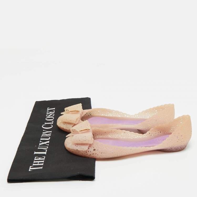Pre Owned Salvatore Ferragamo Cream Jelly Nilly Bow Ballet Flats Size 36.5