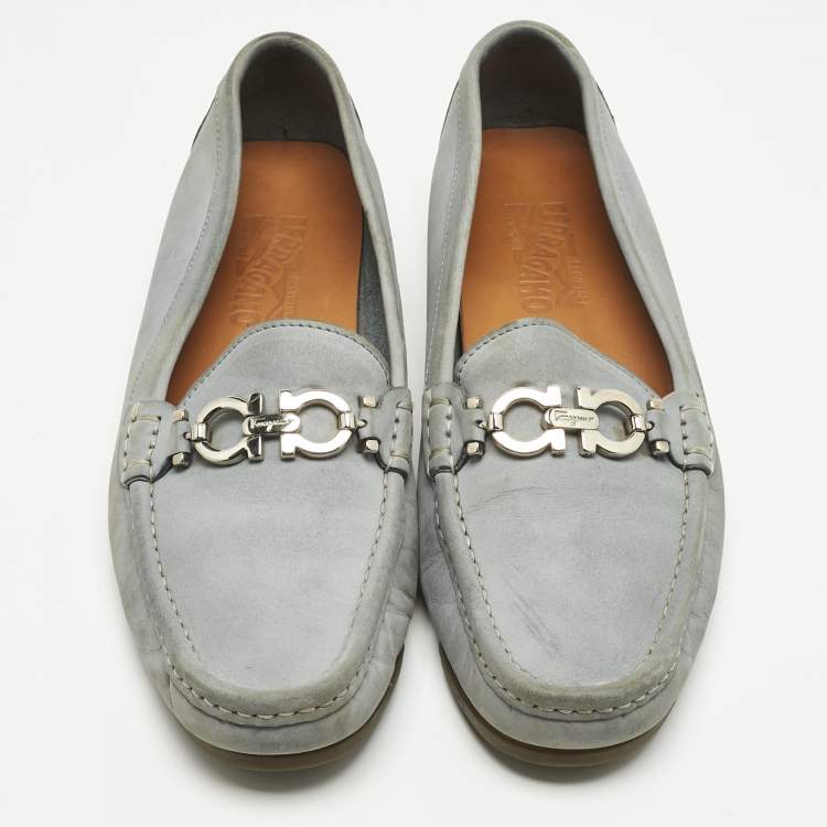 Pre Owned Salvatore Ferragamo Blue Leather Gancini Loafers Size 39.5