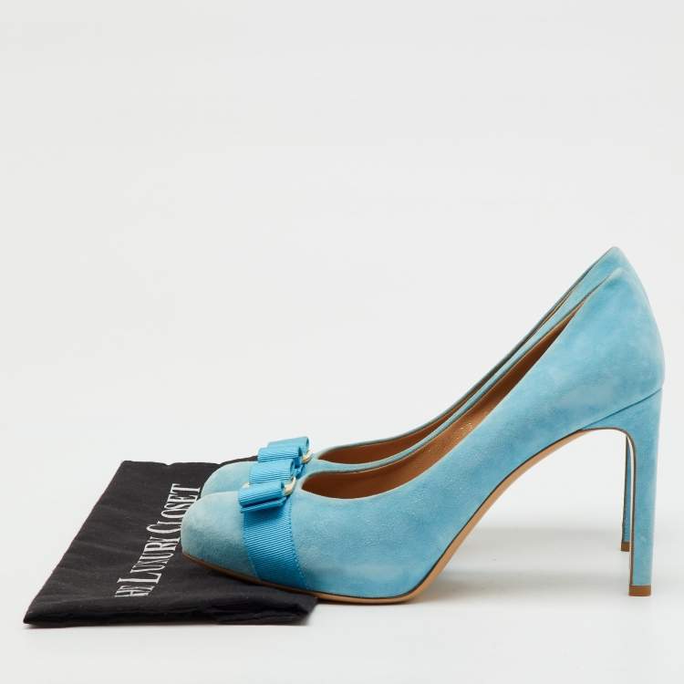Pre Owned Salvatore Ferragamo Light Blue Suede Vara Bow Platform Pumps Size 40