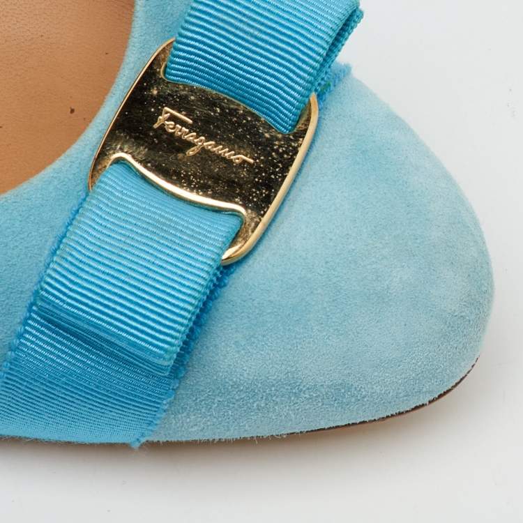 Pre Owned Salvatore Ferragamo Light Blue Suede Vara Bow Platform Pumps Size 40