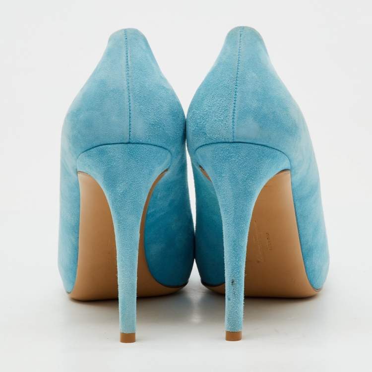 Pre Owned Salvatore Ferragamo Light Blue Suede Vara Bow Platform Pumps Size 40