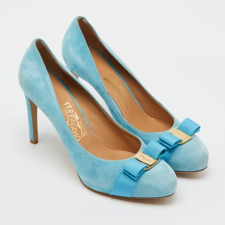Pre Owned Salvatore Ferragamo Light Blue Suede Vara Bow Platform Pumps Size 40