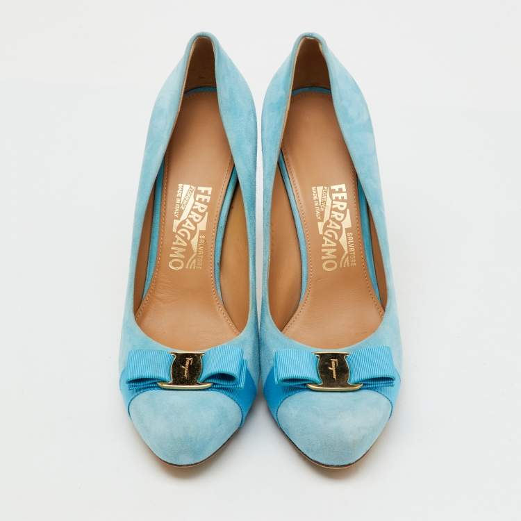 Pre Owned Salvatore Ferragamo Light Blue Suede Vara Bow Platform Pumps Size 40
