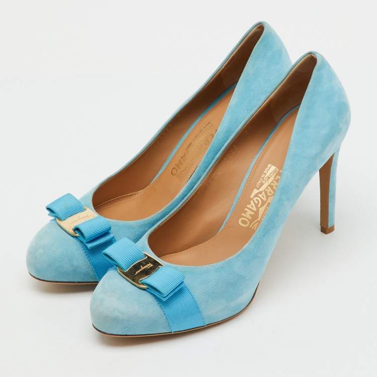 Pre Owned Salvatore Ferragamo Light Blue Suede Vara Bow Platform Pumps Size 40