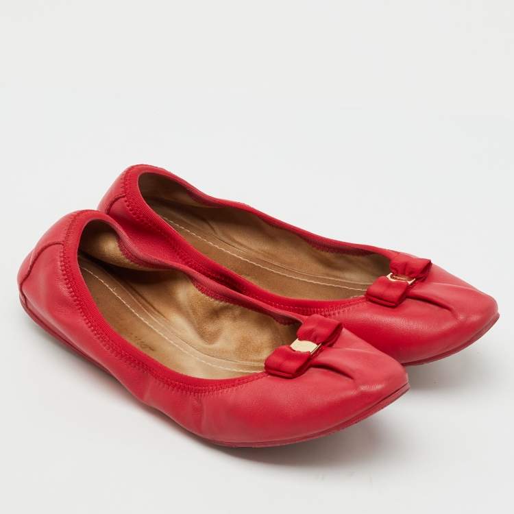 Pre Owned Salvatore Ferragamo Red Leather My Joy Scrunch Ballet Flats Size 40.5