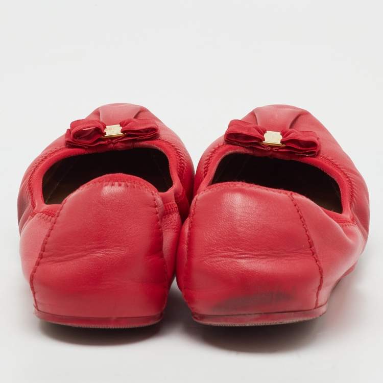 Pre Owned Salvatore Ferragamo Red Leather My Joy Scrunch Ballet Flats Size 40.5