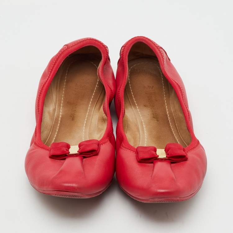 Pre Owned Salvatore Ferragamo Red Leather My Joy Scrunch Ballet Flats Size 40.5