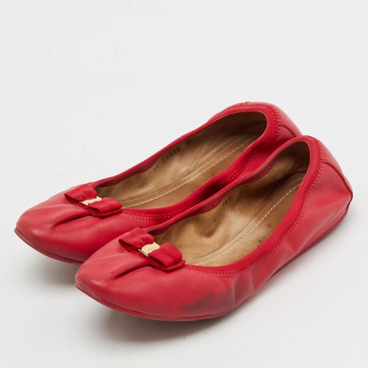 Pre Owned Salvatore Ferragamo Red Leather My Joy Scrunch Ballet Flats Size 40.5