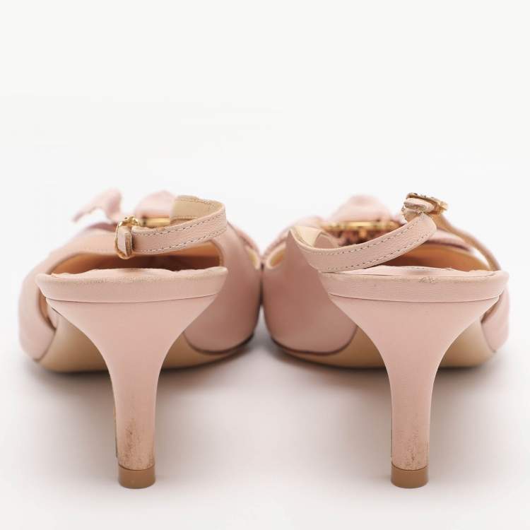 Pre Owned Salvatore Ferragamo Pink Leather Bow Slingback Sandals Size 37.5