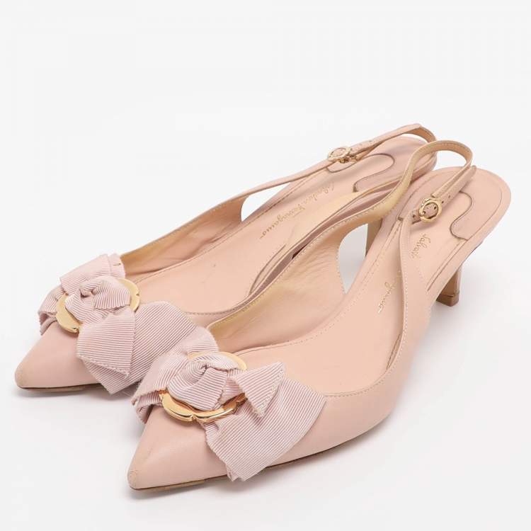 Pre Owned Salvatore Ferragamo Pink Leather Bow Slingback Sandals Size 37.5