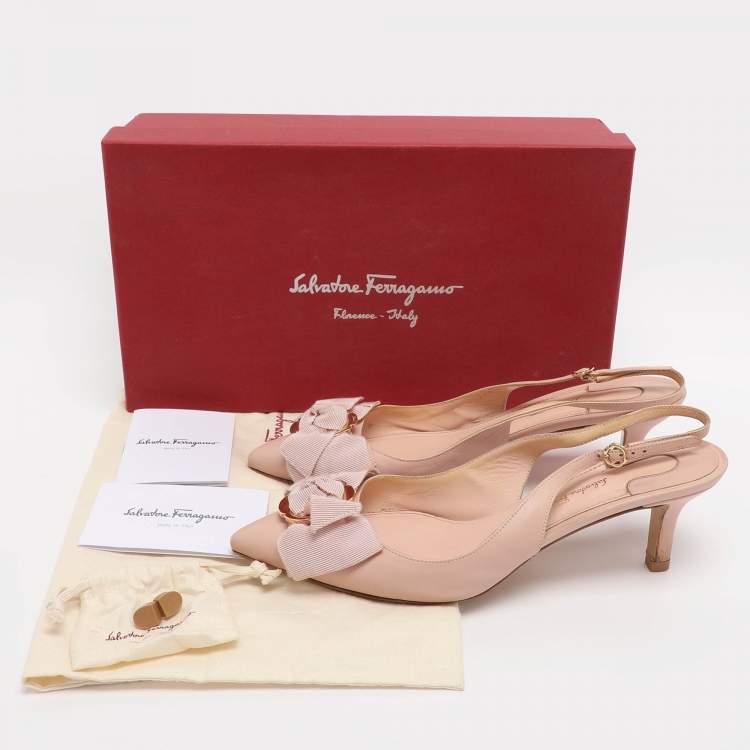Pre Owned Salvatore Ferragamo Pink Leather Bow Slingback Sandals Size 37.5
