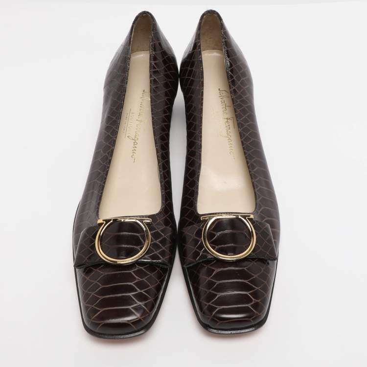 Pre Owned Salvatore Ferragamo Brown Python Embossed Leather Gancini Pumps Size 40