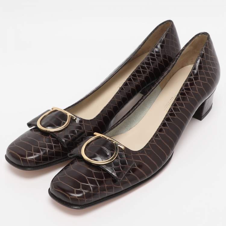 Pre Owned Salvatore Ferragamo Brown Python Embossed Leather Gancini Pumps Size 40