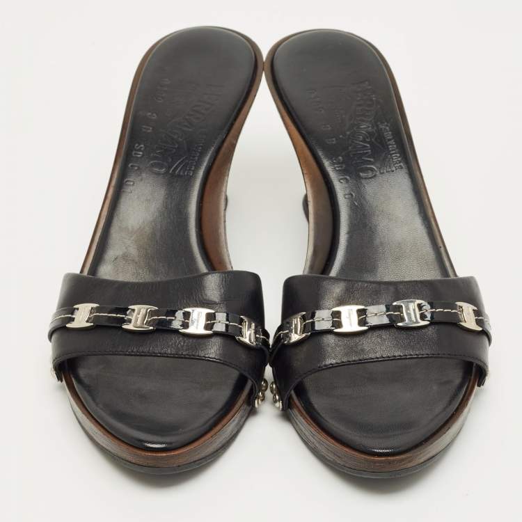Pre Owned Salvatore Ferragamo Black Leather Wedge Sandals Size 38.5