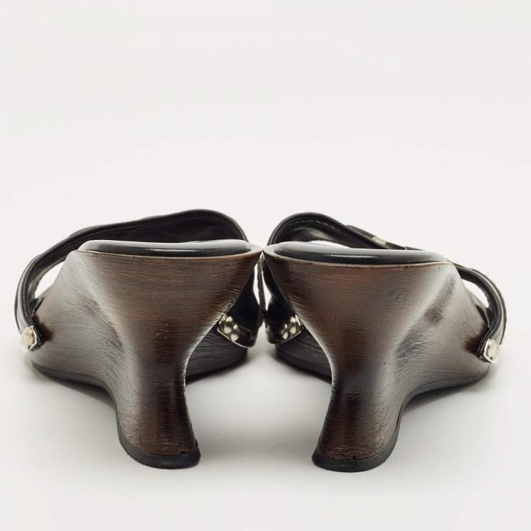 Pre Owned Salvatore Ferragamo Black Leather Wedge Sandals Size 38.5