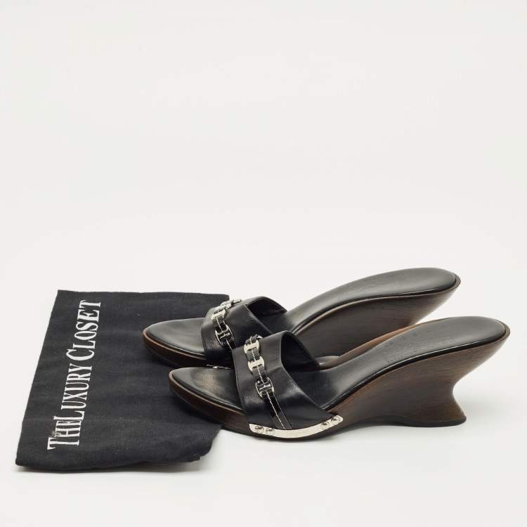 Pre Owned Salvatore Ferragamo Black Leather Wedge Sandals Size 38.5