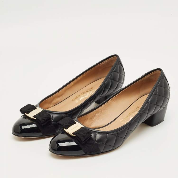 Pre Owned Salvatore Ferragamo Black Quilted Leather Vara Bow Block Heel Pumps Size 39.5