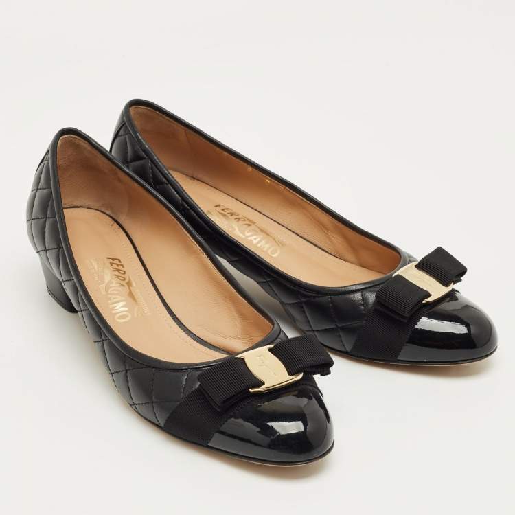 Pre Owned Salvatore Ferragamo Black Quilted Leather Vara Bow Block Heel Pumps Size 39.5