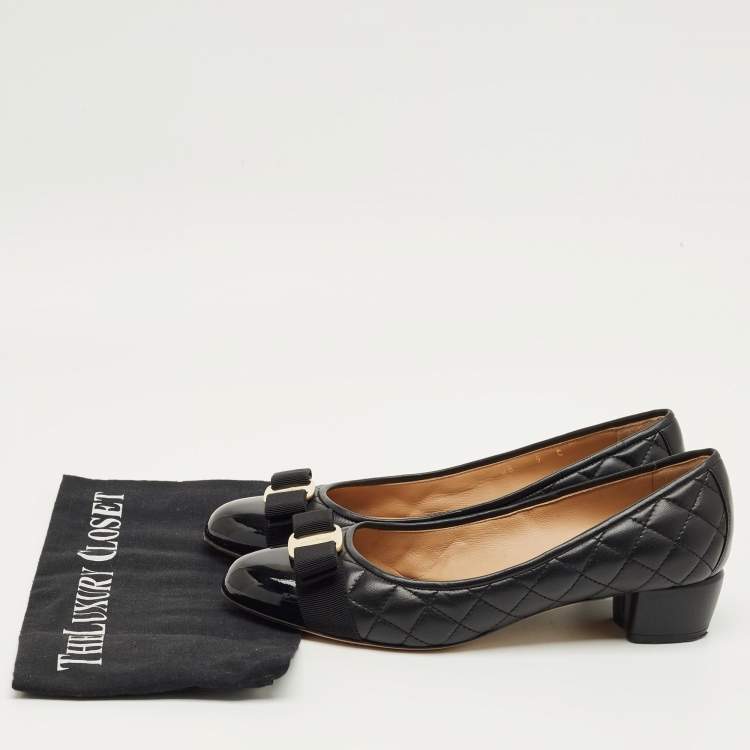 Pre Owned Salvatore Ferragamo Black Quilted Leather Vara Bow Block Heel Pumps Size 39.5