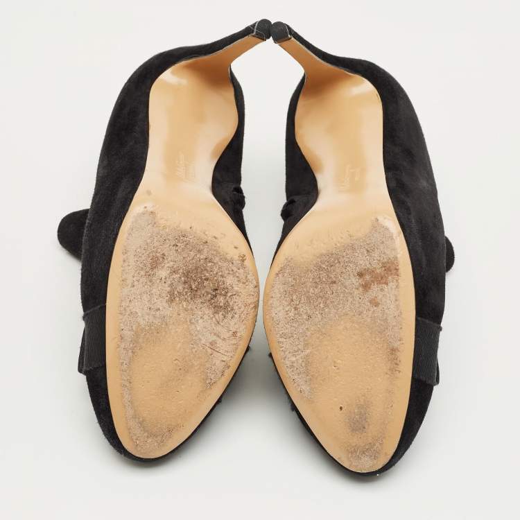 Pre Owned Salvatore Ferragamo Black Suede Vara Bow Ankle Boots Size 38.5