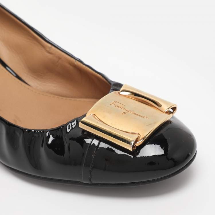 Pre Owned Salvatore Ferragamo Black Patent Leather Wedge Pumps Size 39.5