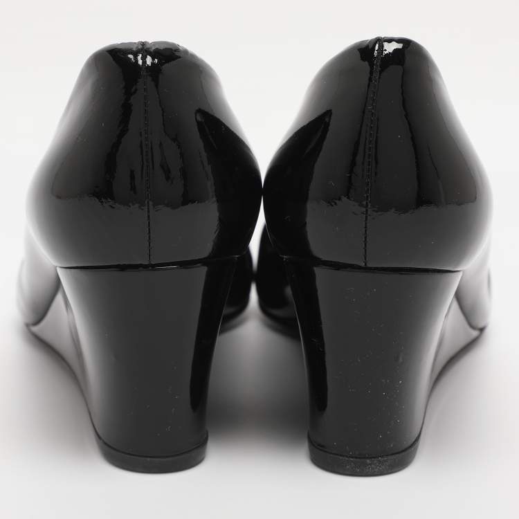 Pre Owned Salvatore Ferragamo Black Patent Leather Wedge Pumps Size 39.5
