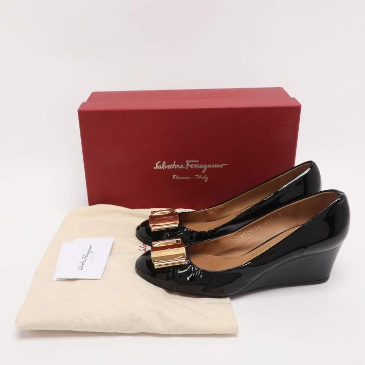 Pre Owned Salvatore Ferragamo Black Patent Leather Wedge Pumps Size 39.5