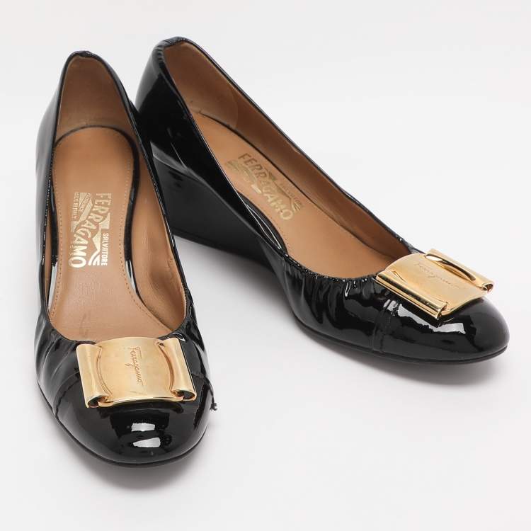 Pre Owned Salvatore Ferragamo Black Patent Leather Wedge Pumps Size 39.5