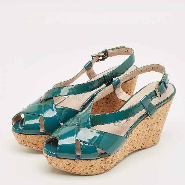 Pre Owned Salvatore Ferragamo Blue Patent Leather Cork Wedge Slingback Sandals Size 36.5
