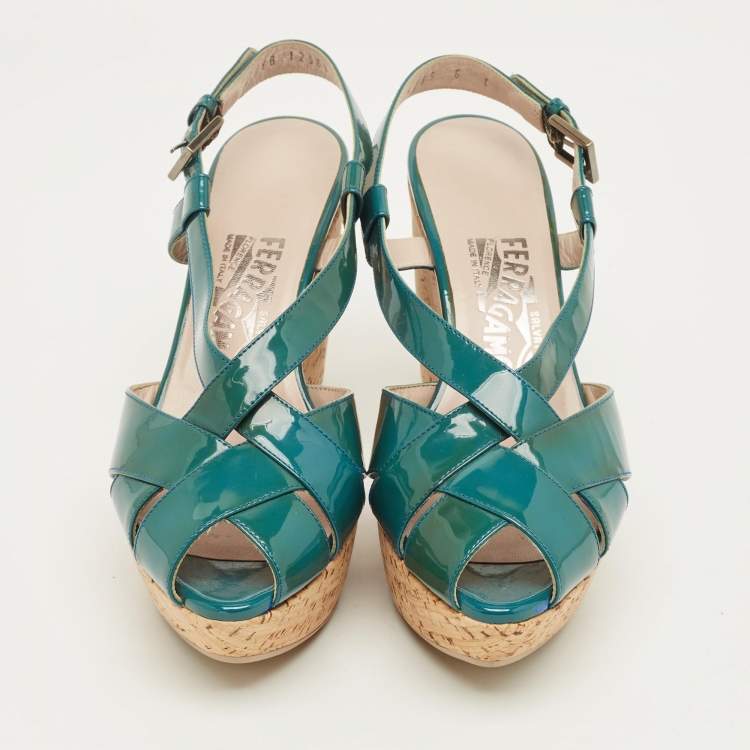 Pre Owned Salvatore Ferragamo Blue Patent Leather Cork Wedge Slingback Sandals Size 36.5