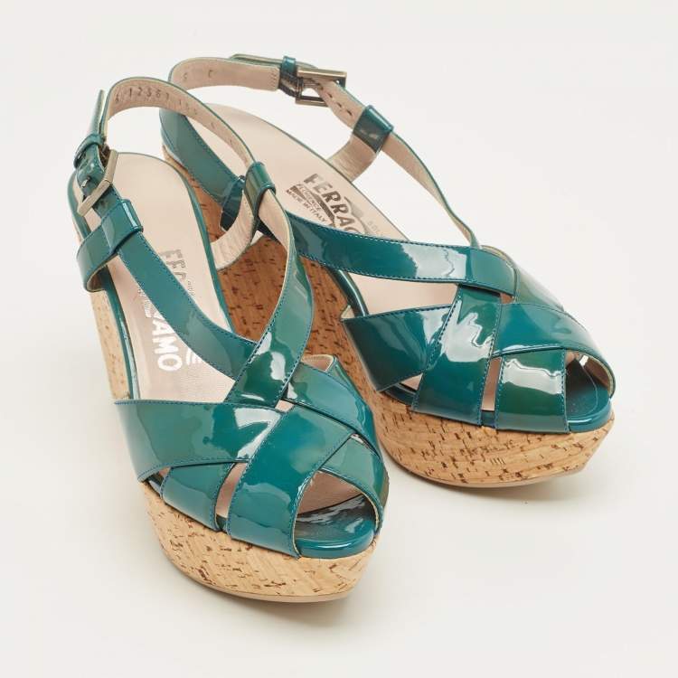 Pre Owned Salvatore Ferragamo Blue Patent Leather Cork Wedge Slingback Sandals Size 36.5