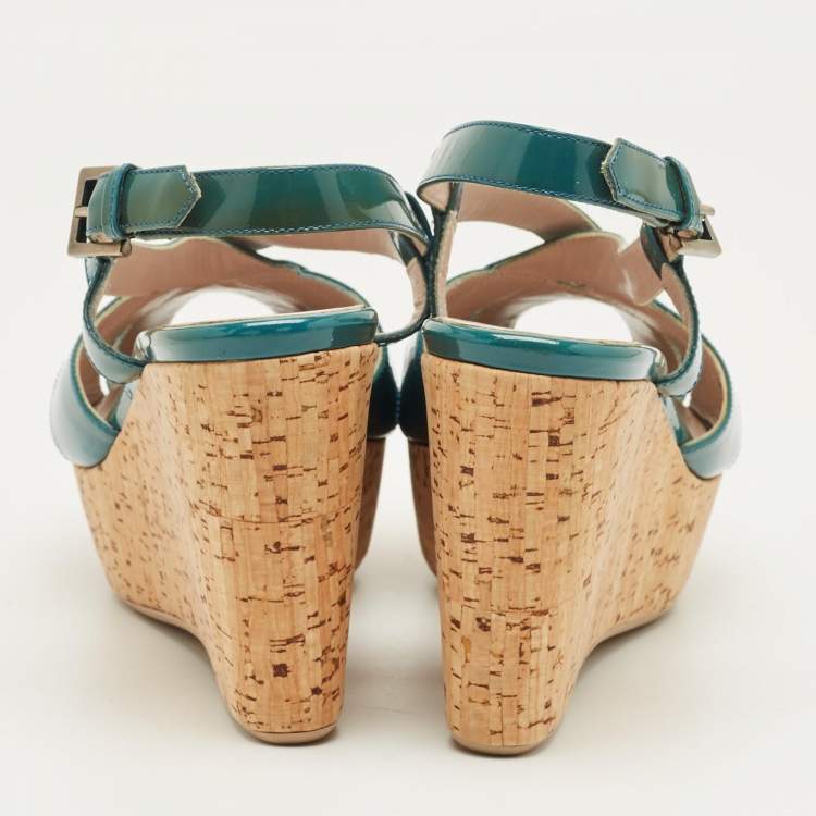 Pre Owned Salvatore Ferragamo Blue Patent Leather Cork Wedge Slingback Sandals Size 36.5