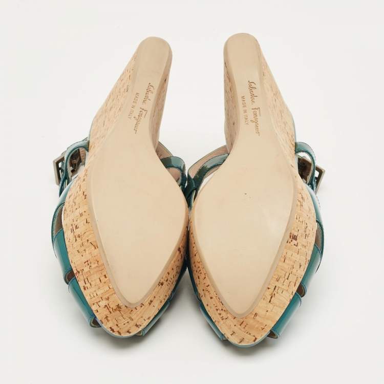 Pre Owned Salvatore Ferragamo Blue Patent Leather Cork Wedge Slingback Sandals Size 36.5