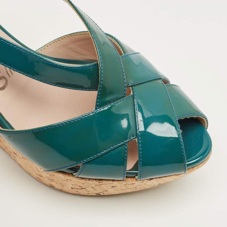 Pre Owned Salvatore Ferragamo Blue Patent Leather Cork Wedge Slingback Sandals Size 36.5