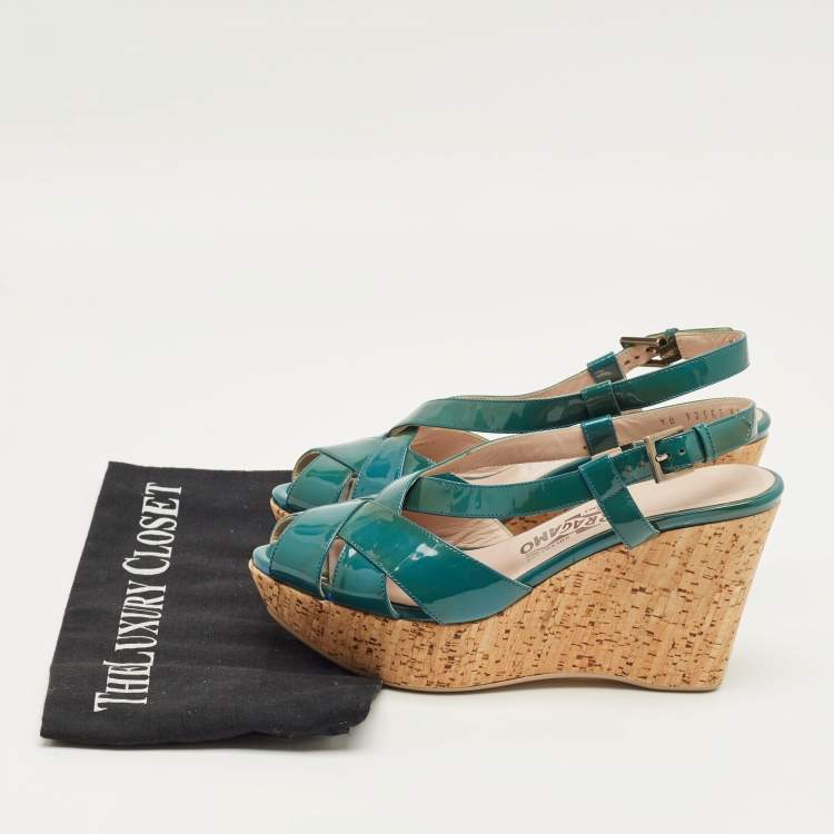 Pre Owned Salvatore Ferragamo Blue Patent Leather Cork Wedge Slingback Sandals Size 36.5