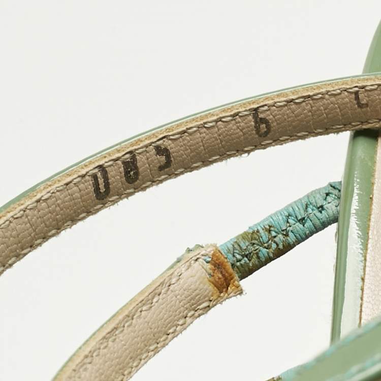 Pre Owned Salvatore Ferragamo Green Patent Leather and Raffia Wedge Sandals Size 36.5