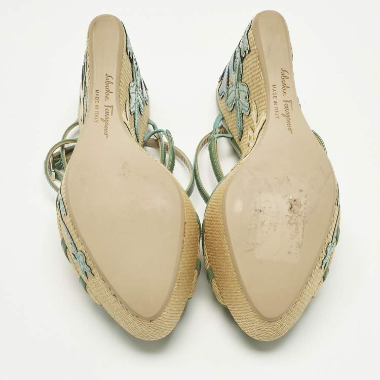 Pre Owned Salvatore Ferragamo Green Patent Leather and Raffia Wedge Sandals Size 36.5