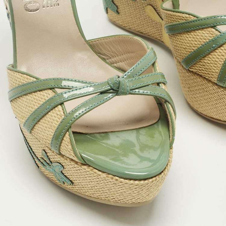 Pre Owned Salvatore Ferragamo Green Patent Leather and Raffia Wedge Sandals Size 36.5