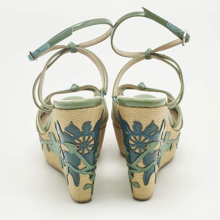 Pre Owned Salvatore Ferragamo Green Patent Leather and Raffia Wedge Sandals Size 36.5