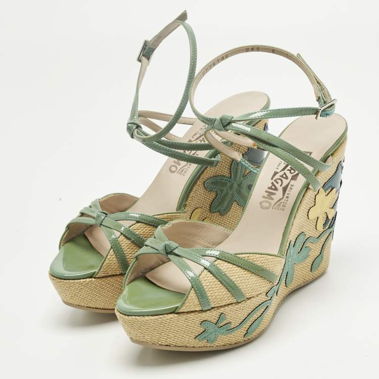 Pre Owned Salvatore Ferragamo Green Patent Leather and Raffia Wedge Sandals Size 36.5