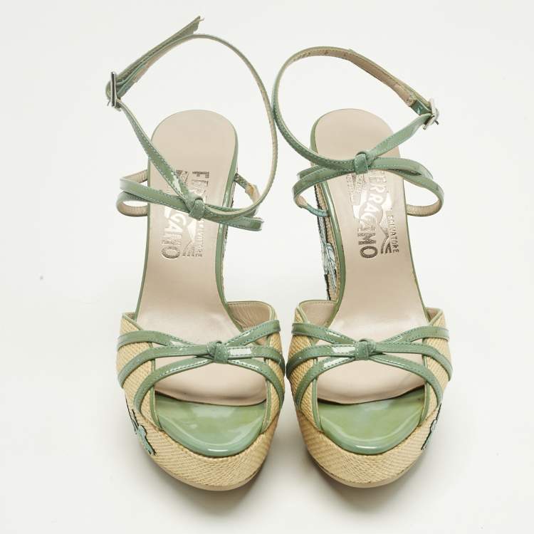 Pre Owned Salvatore Ferragamo Green Patent Leather and Raffia Wedge Sandals Size 36.5