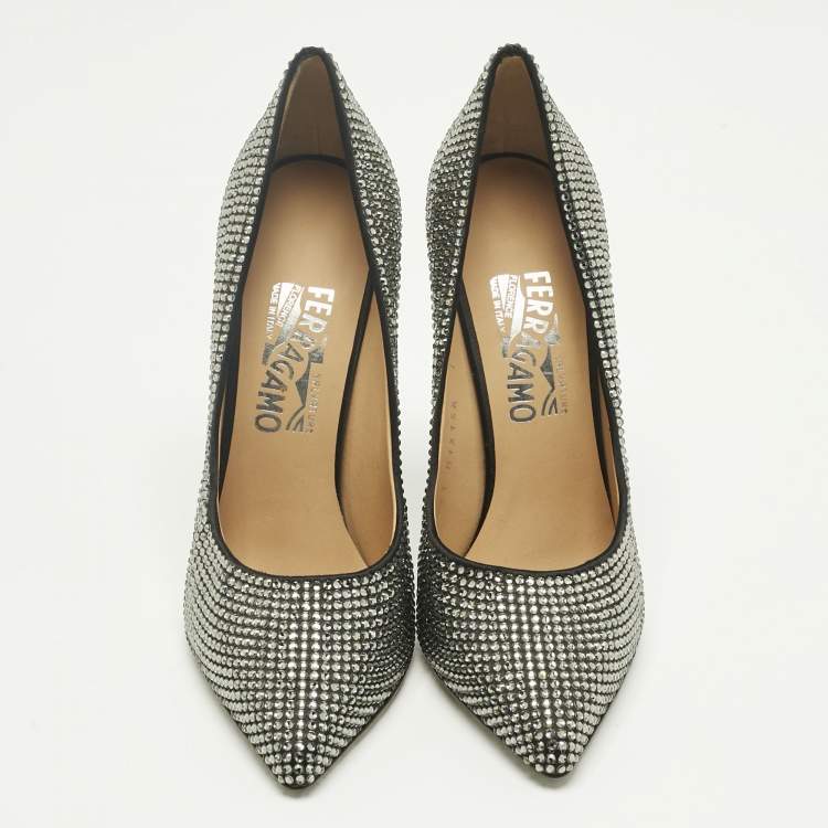 Pre Owned Salvatore Ferragamo Silver Satin Crystal Embellished Pointed Toe Pumps Size 37.5