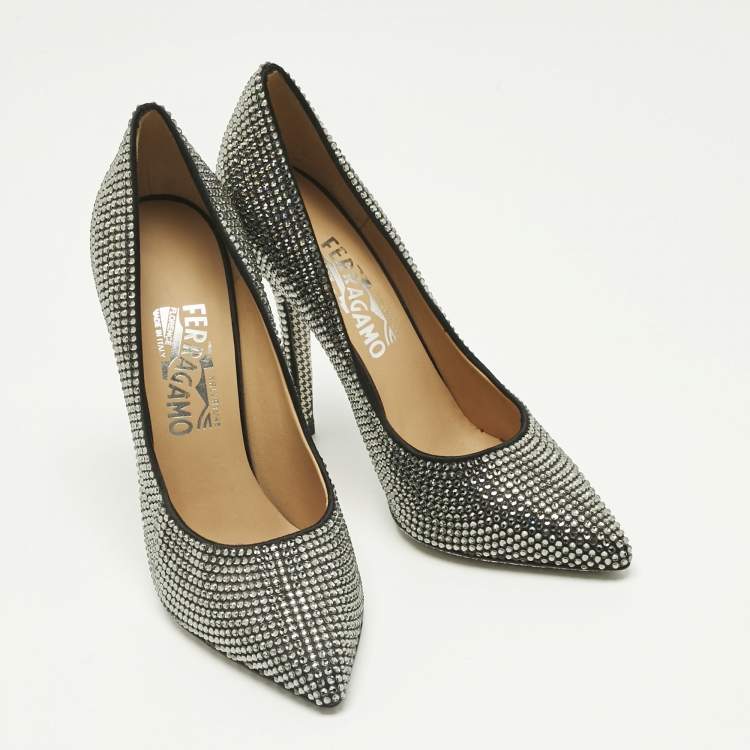 Pre Owned Salvatore Ferragamo Silver Satin Crystal Embellished Pointed Toe Pumps Size 37.5